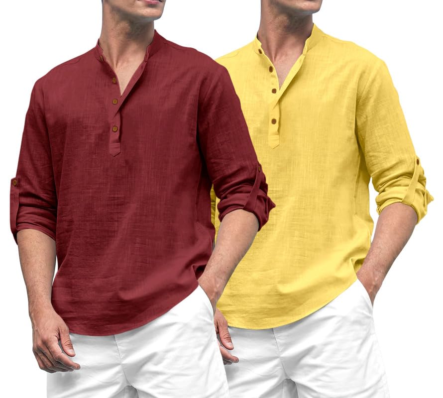 Royalscout Combo Of Men'S Solid Cotton Blend Full Sleeve Straight Kurta Shirt (Pack Of 2) Maroon-Yellow