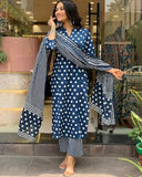 Anni Designer Women'S Cotton Blend Straight Printed Kurta With Pant & Dupatta (Lotoji Blue_L_Blue_Large),Blue,L,Rayon Blend,Regular,