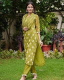 Anni Designer Women'S Cotton Blend Embroidered Straight Kurta With Pant & Dupatta (Chakdol-Mahendi_M_Green_Medium),Green,M,Cotton Blend,Regular,
