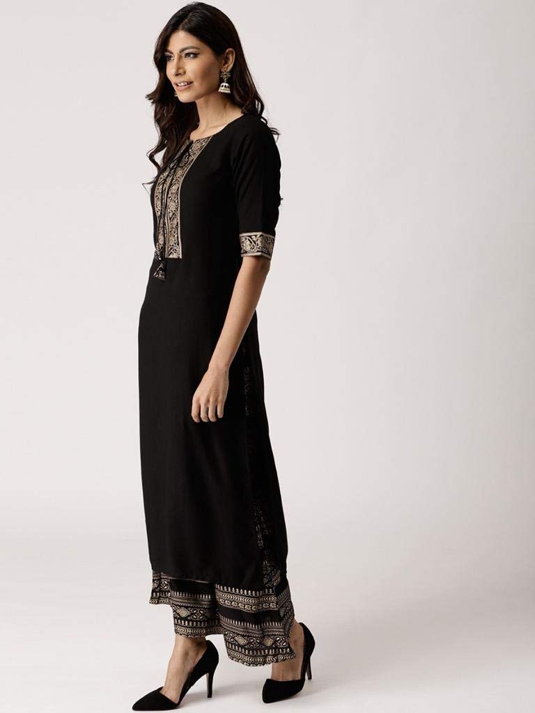 Gosriki Women'S Rayon Solid Printed Kurta With Palazzos (Black M),Black,,B08WLZ2SQV