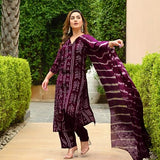 Anni Designer Women'S Rayon Blend Straight Bandhej Printed Kurta With Pant & Dupatta (Baghira Wine-Vks01_3Xl_Wine_Xxx-Large),Wine,3XL,Rayon Blend,Regular,