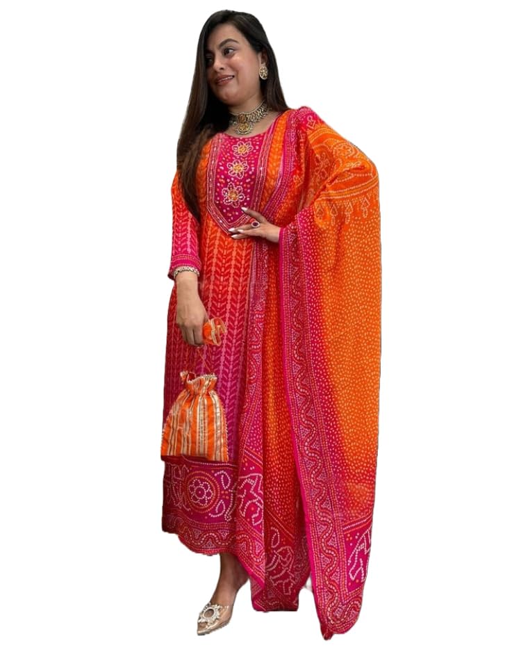 Anni Designer Women'S Rayon Viscose Straight Bandhej Printed Kurta With Pant & Dupatta (Shriha Multi_Xxl_Multicolor_Xx-Large),Multicolour,2XL