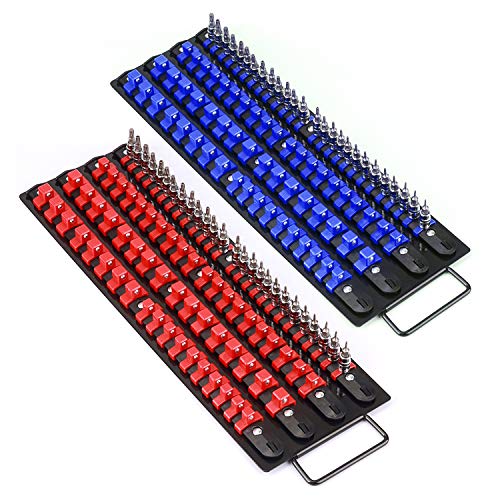 Mayouko 80-Piece Portable Socket Organizer Tray, 2 Pcs Set, Blue & Red, Tools Organizer 1/4-Inch, 3/8-Inch, 1/2-Inch, Heavy Duty