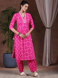 Libas Womens Printed Cotton A-Line Kurta With Salwar And Dupatta Pink 2Xl