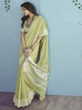 Satrani Womens Cotton Self Woven Saree With Unstitched Blouse Piece (3095S735N_Pista Green & White)