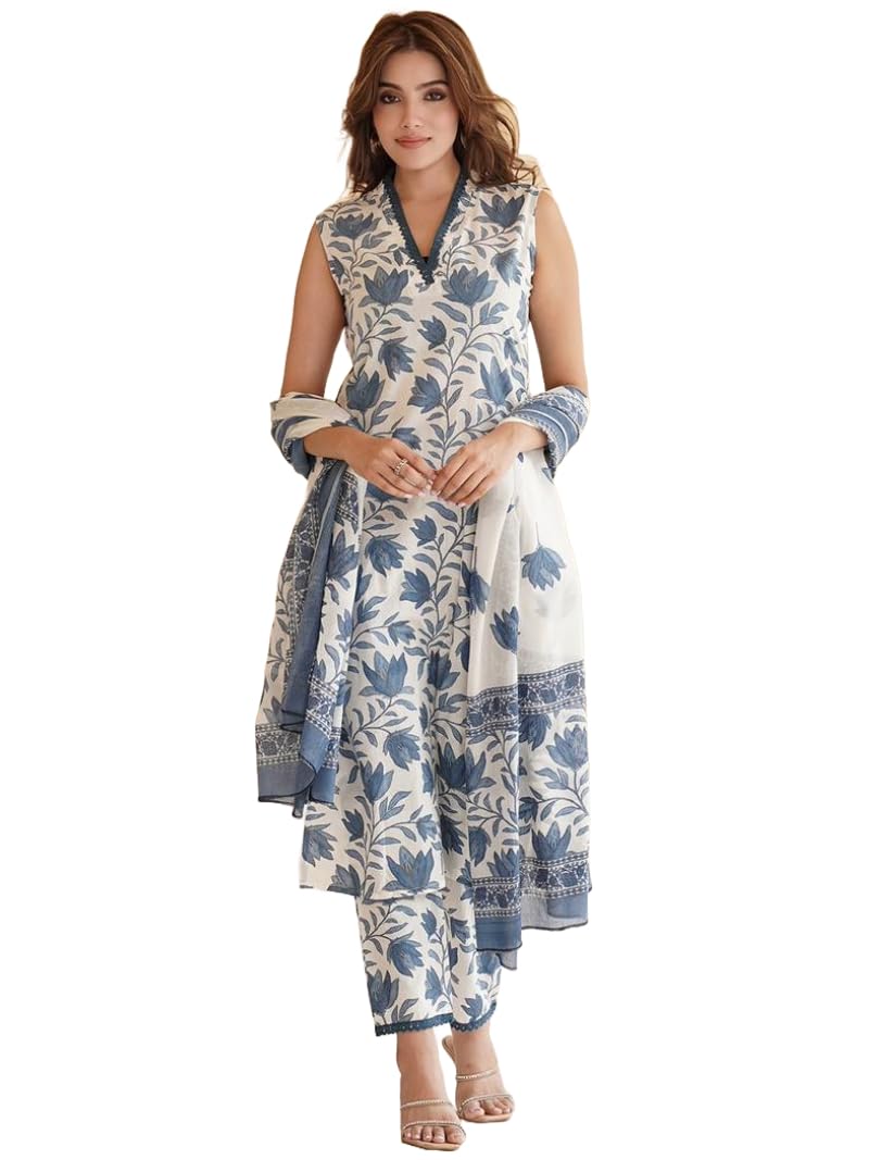 Gosriki Women'S Cotton Blend Printed Straight Kurta With Pant & Dupatta (Root White-Gs_S_White_Small),White,,B0CJ5HC1SX