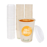 100% Compostable Disposable Coffee Cups with Lids [12oz 80 Set] Paper Cups Made from Unbleached Bamboo Fiber, Compostable Lids, 