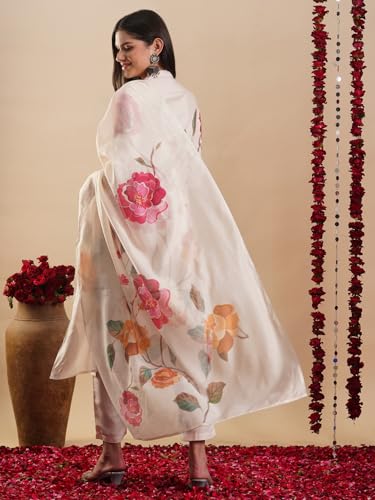 Anni Designer Women'S Rayon Blend Straight Printed Kurta With Pant & Dupatta (Merlino Cream_Xxl_Cream_Xx-Large),Cream,2XL,Rayon Blend,Regular,Kurta, Scarf