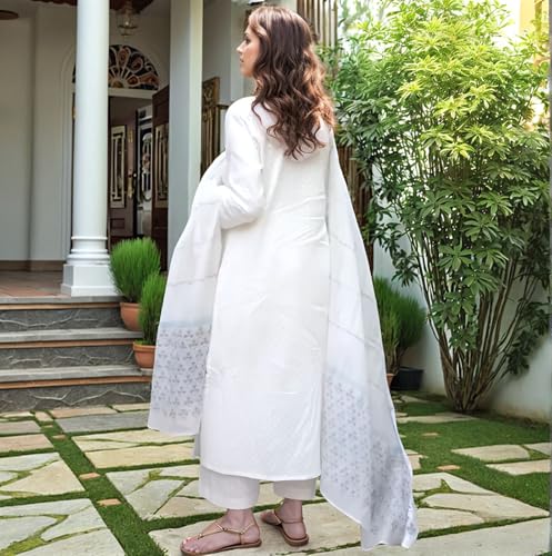 Anni Designer Women'S Rayon Blend Printed Straight Kurta With Pant & Dupatta (Mirai White-Vks01_4Xl_White_Xxxx-Large),White,4XL,Rayon,Regular,