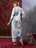 Anni Designer Women'S Cotton Blend Straight Printed Kurta With Palazzo (Swans Grey_Xl_Grey_X-Large),Grey,XL,Cotton Blend,Regular,Kurta, Pants