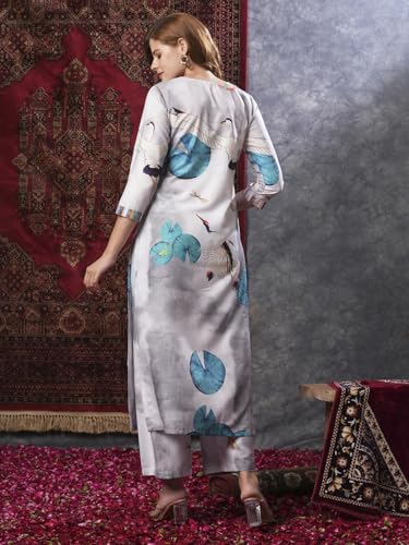 Anni Designer Women'S Cotton Blend Straight Printed Kurta With Palazzo (Swans Grey_S_Grey_Small),Grey,S,Cotton Blend,Regular,Kurta, Pants