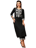 Anni Designer Women'S Cotton Blend Straight Embroidered Kurta With Pant (Dotd-Black-Nk_Xxl_Black_Xx-Large),Black,2XL