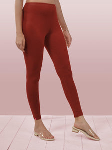 Lyra Women Solid Premium Cotton Ankle Length Leggings | Mid-Waist | Fashionwear Redish Orange L