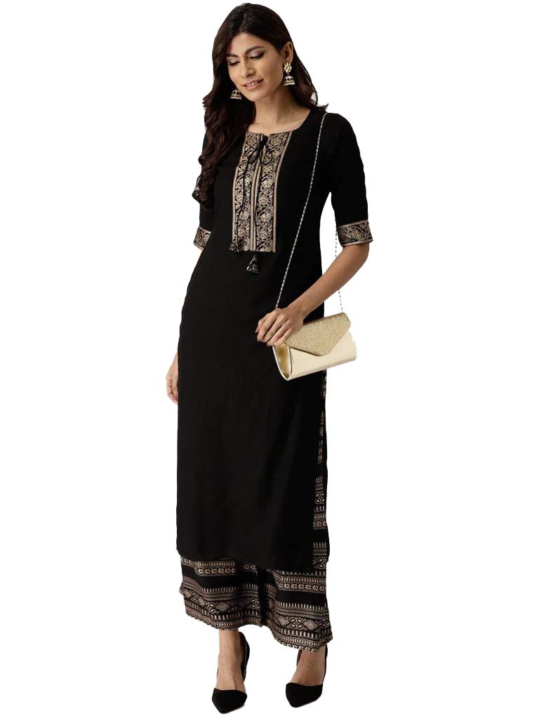Gosriki Women'S Rayon Solid Printed Kurta With Palazzos (Black M),Black,,B08WLZ2SQV