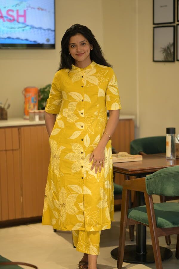 Anni Designer Women'S Rayon Viscose Straight Printed Kurta With Pant (Sunoni Yellow_Xl_Yellow_X-Large),Yellow,XL,Rayon,Regular,