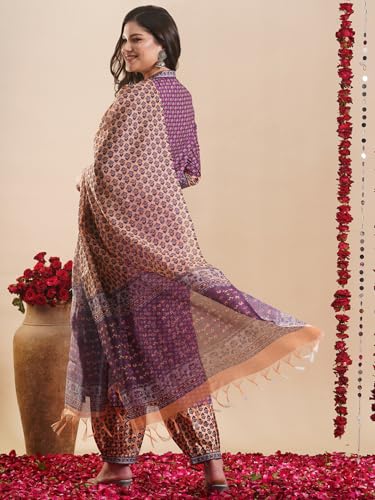 Anni Designer Women'S Rayon Blend Straight Printed Kurta With Pant & Dupatta (Jaaferi Purple-Vks02_Xl_Purple_X-Large),Purple,XL,Rayon Blend,Regular,