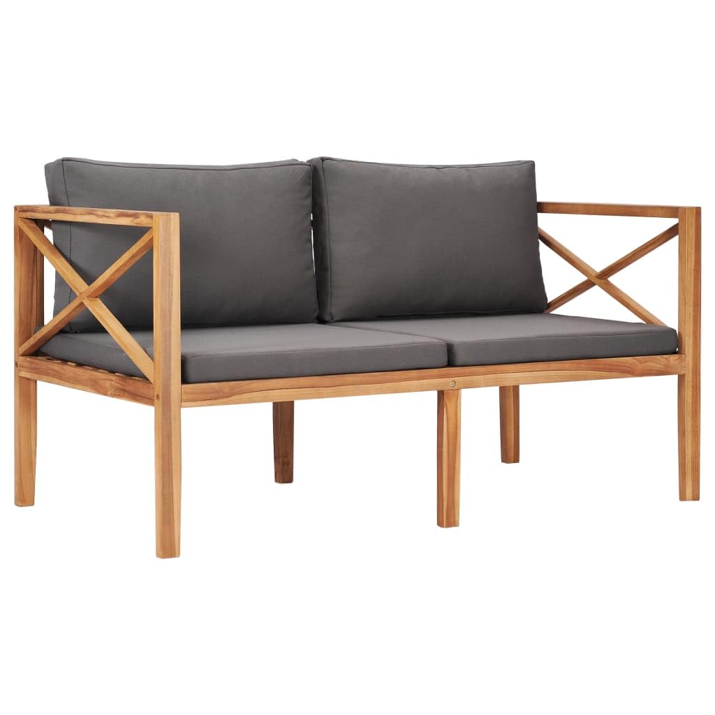 Vidaxl Teak Hard Wood Patio Bench With Gray Cushions – Outdoor Seating Furniture For Landscape, Terrace Or Gardens – Easy To Assemble – 48' X 25.6' X 23.6'
