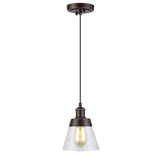 Rustic Glass Pendant Light with Handblown Clear Seeded Glass Shade, One-Light Adjustable Industrial Cone Mini Pendant Lighting F