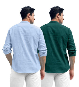 Royalscout Combo Of Men'S Solid Cotton Blend Full Sleeve Straight Kurta Shirt (Pack Of 2) Sky-Green M