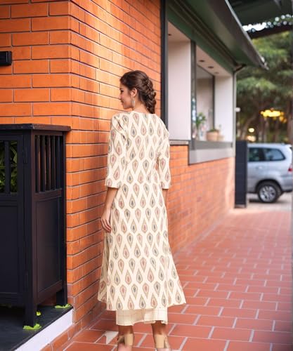Anni Designer Women'S Rayon Viscose Straight Printed Kurta With Palazzo (Tangro Cream_Xxl_Cream_Xx-Large),Cream,2XL,Rayon Blend,Classic,