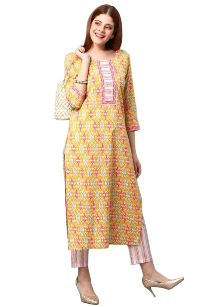 Gosriki Women'S Cotton Blend Traditional Straight Printed Kurta And Pant Set (Behan Yellow_L-Gs_Yellow_Large),Yellow,,B0BNNLLTJH