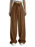 Aahwan Brown Solid High Fabric Belt Waist Straight Korean Loose Pleated Wide Leg Trouser For WomenS & GirlS(367Brown28)