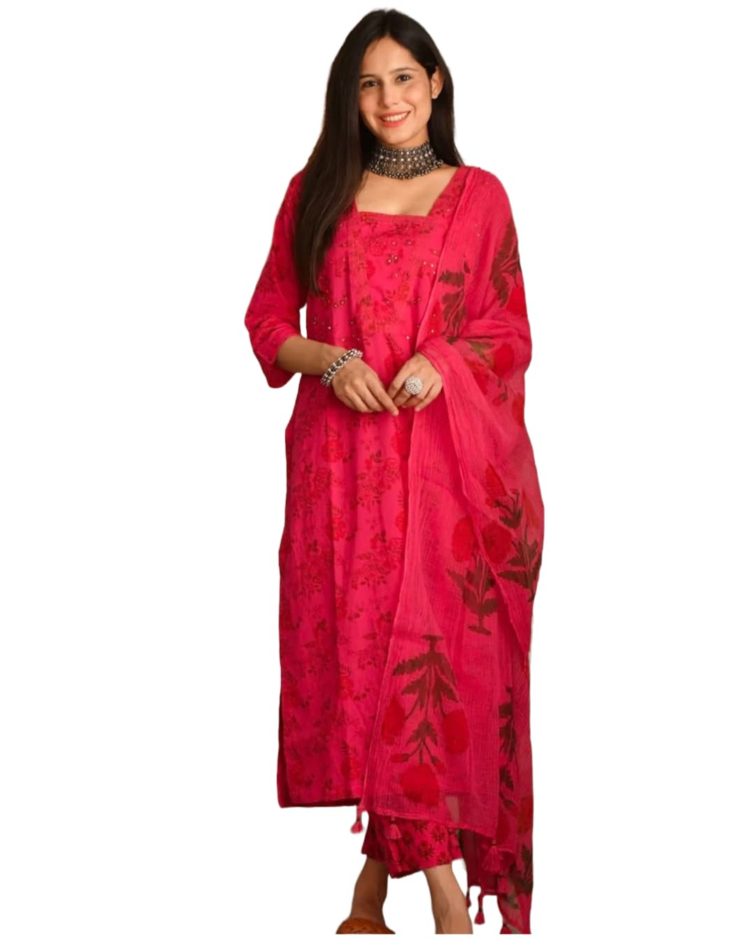 Anni Designer Women'S Cotton Blend Straight Printed Kurta With Pant & Dupatta (Sweet Rani_S_Pink_Small),Pink,S