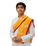 Hindu Religious Scarf For Men & Women | Radha Radha Printed Devotional Angavastram | Saffron Prayer Shawl With Maroon Border | S