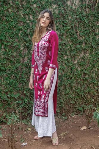 Anni Designer Women'S Rayon Blend Straight Chikankari Embroidered Kurta (Victoria Pink_S_Beige_Small) Straight Fit,Pink,S,Rayon Blend,Regular,