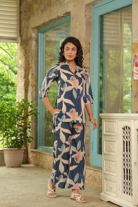 Leriya Fashion Rayon Printed A-Line Front Open Co-Ord Kurta Set For Women (Lf-W2115&Tr1067-M-Blue)