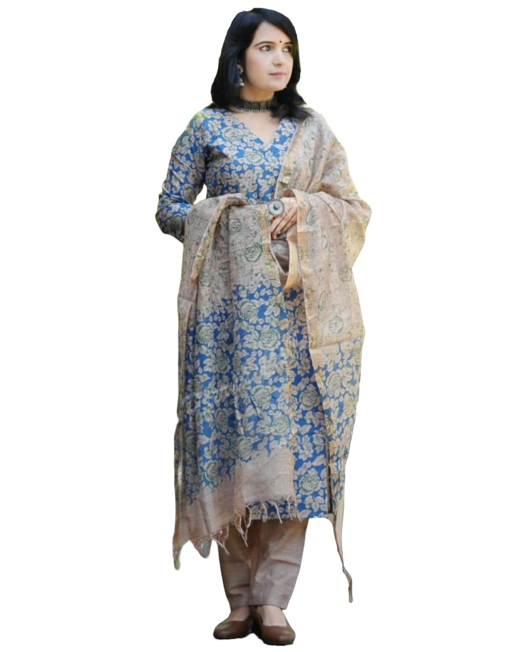 Gosriki Women'S Cotton Blend Straight Printed Kurta With Pant & Dupatta (Moringa Blue-Gs_4Xl_Blue_Xxxx-Large),Blue,4,B0D73XXDXD
