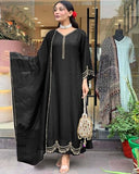 Anni Designer Women'S Rayon Viscose Anarkali Embroidered Kurta With Pant & Dupatta (Ranibai Black_L_Black_Large),Black,L,Rayon,Anarkali,
