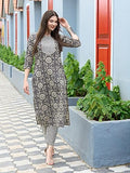 Anni Designer Women'S Cotton Blend Straight Printed Kurta With Pant Set (Vibi Grey_Xl_Grey_X-Large),Grey,XL,Cotton Blend,Regular,