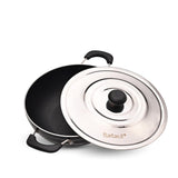 BartanJi NonStick Deep Kadhai with Steel Lid 3.5 Litre, 28 cm Diameter | 2.6mm Thick, 3Layer Greblon Coating | Metal Spoon F