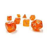Borealis Blood Orange Luminary Dice With White Numbers 7+1 Dice Set 16Mm (5/8In) Chessex
