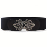 Syga WomenS Pu Leather Cinch Belt With Antique Floral Metal Buckle, Stretchable Waistband For Dresses Black
