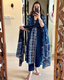 Anni Designer Women'S Rayon Viscose Printed Anarkali Kurta With Pant & Dupatta (Jarry Blue_Xxl_Blue_Xx-Large),Blue,2XL,Rayon Blend,Anarkali,