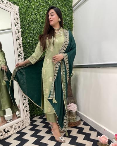 Anni Designer Women'S Rayon Viscose Printed Straight Kurta With Pant & Dupatta (Udh Pista-Vks01_Xl_Pista_X-Large),Pista,XL,Rayon,Regular,