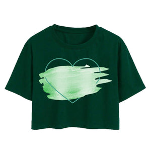Toplot Heart Printed Round Neck Crop Top For Women (Big-Heart-Top-5201-Olive-S),Green,,B0DCTJCHJ3
