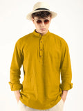 Royalscout Men'S Cotton Polyester Blend Solid Regular Fit Full Sleeve Short Kurta Gold Gold M Jm_Button_Gold_M