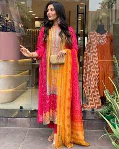Gosriki Women'S Rayon Blend Printed Straight Kurta With Pant & Dupatta (Shubhangi Rani-Gs_L_Pink_Large),Pink,,B0DPZB5ZWM