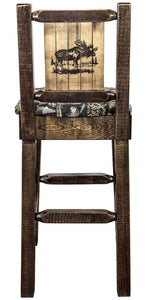 Montana Woodworks Homestead Collection Barstool With Upholstered Seat, Woodland Pattern, Laser Engraved Moose Design, Stained &