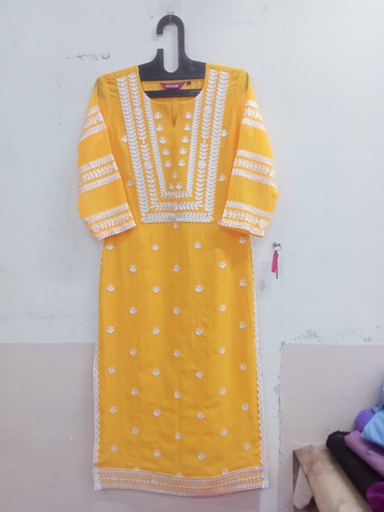 Anni Designer Women'S Cotton Blend Straight Chikankari Embroidered Kurta (Stho-Mustard-Nw_M_Mustard_Medium),Mustard,M,Cotton Blend,Regular,