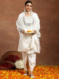 Libas Gerua Womens Yoke Design Silk Blend Straight Kurta With Trousers And Dupatta White Xs