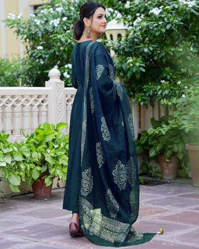 Anni Designer Women'S Rayon Blend Solid Anarkali Kurta With Pant & Dupatta (Magic-Kerosin_L_Dark Blue_Large),Dark Blue,L,Cotton Blend,MAGIC-RED_1359,