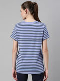 Enamor Athleisure Relaxed Fit Short Sleeve Round Neck Antimicrobial Finish Breathable Stretch Cotton Activewear Sports Tshirt for Women-A3S1 (A3S1_Purple Slate Stripe/Be Here Now Graphic_S),Purple Slate Stripe/