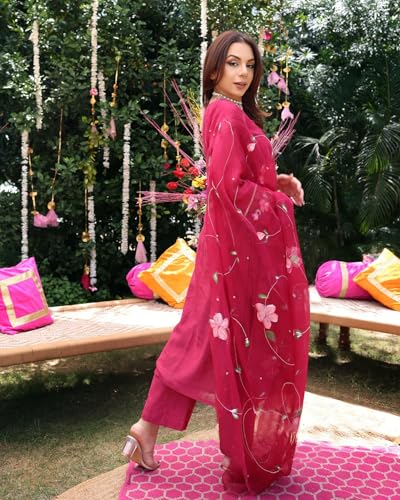 Anni Designer Women'S Rayon Blend Straight Printed Kurta With Pant & Dupatta (Roka Rani_4Xl_Pink_Xxxx-Large),Pink,4XL,Rayon Blend,Regular,