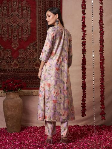 Anni Designer Women'S Rayon Blend Straight Printed Kurta With Pant (Bhaskar Lavender_L_Lavender_Large),Lavender,L,Rayon Blend,A-Line,
