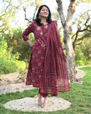 Anni Designer Women'S Rayon Blend Straight Printed Kurta With Pant & Dupatta (Parava Maroon_M_Maroon_Medium),Maroon,M,Rayon Blend,Regular,Kurta with Pant & Dupatta