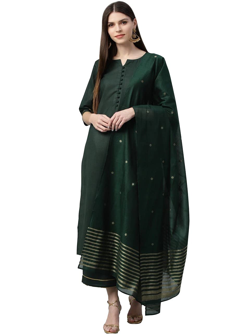Anni Designer Women'S Ruby Cotton Printed Straight Kurta With Palazzos & Dupatta (Game-Green_S Green Small),Green,S